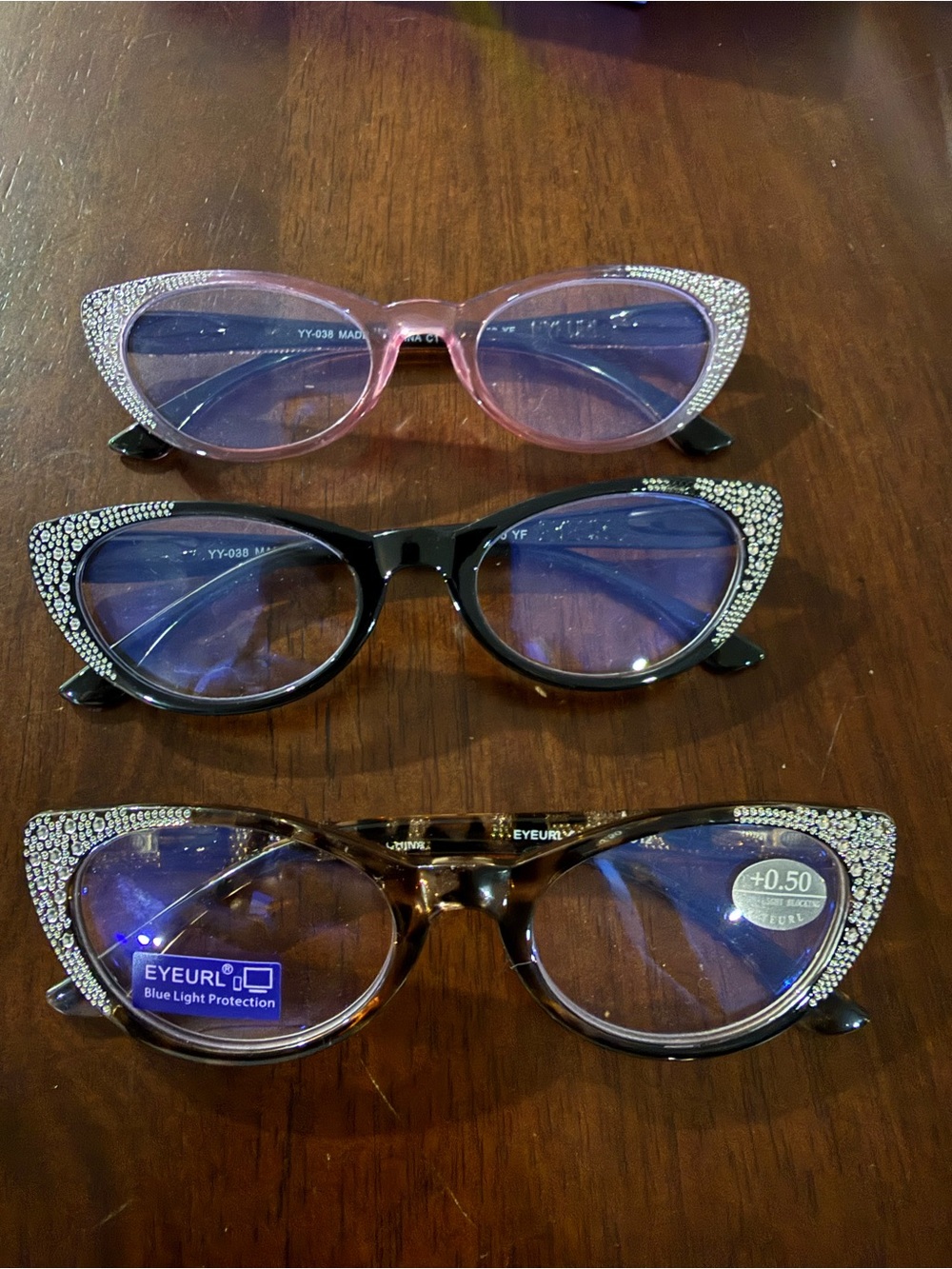 3 pairs: Crystal Accent Cat Eye Reading Glasses - Pink, Black, Tortoiseshell